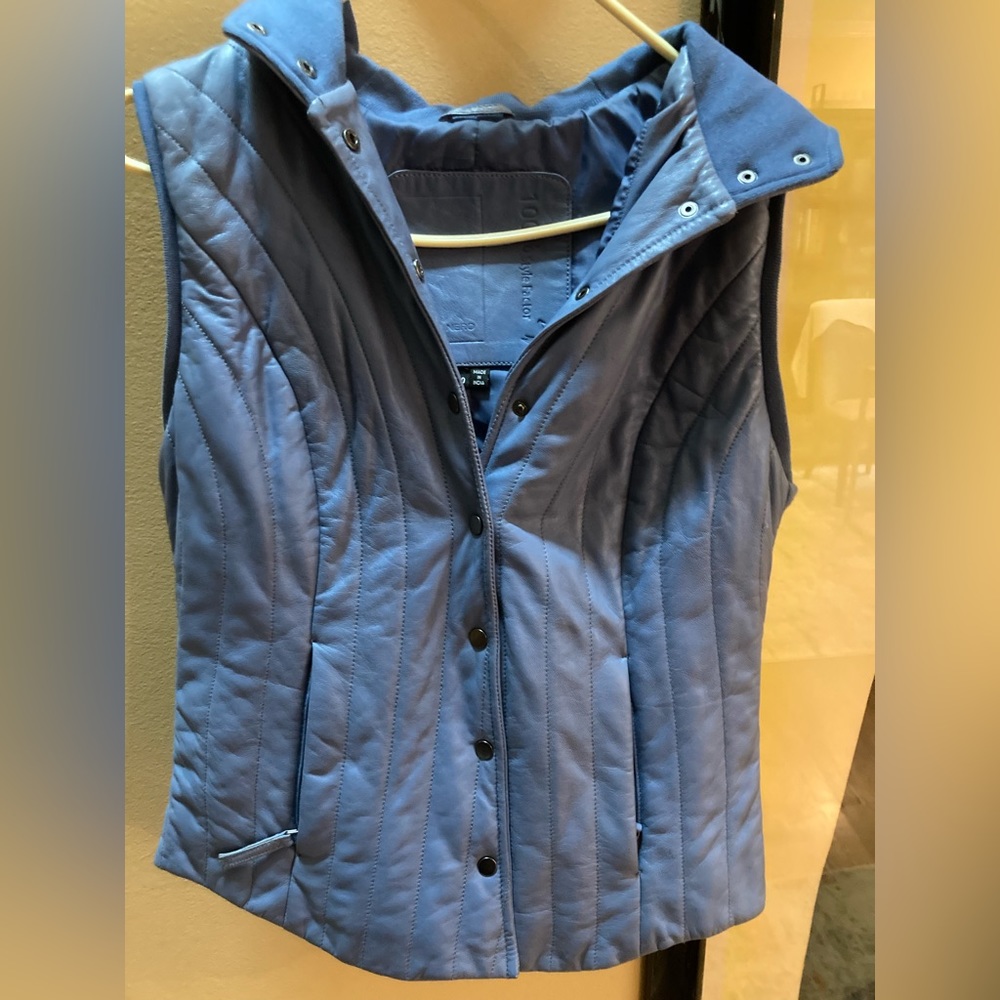 Periwinkle leather hooded vest.